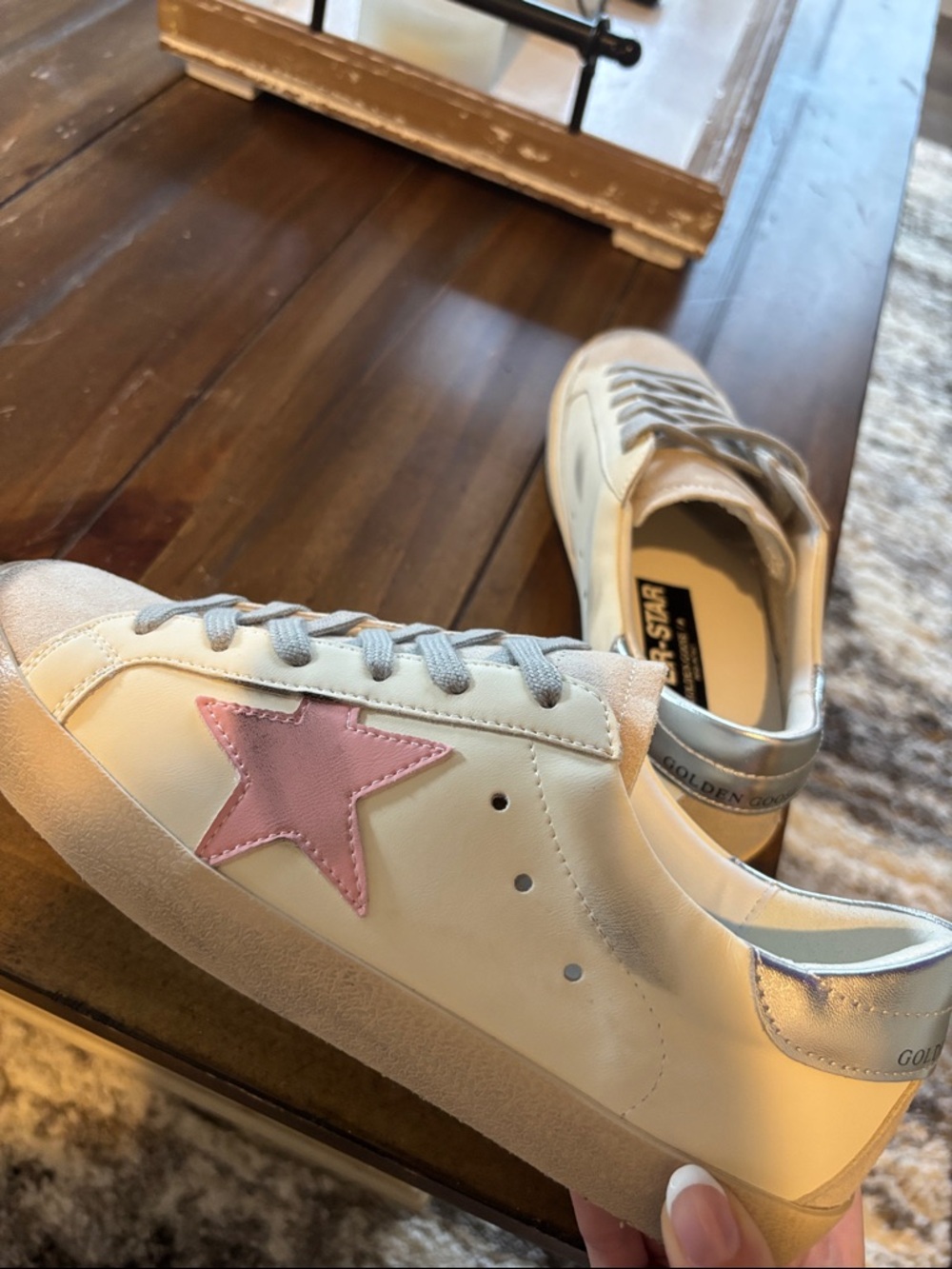 Golden Goose White Sneakers with Pink Star and Silver Heel - Picture 2 of 3